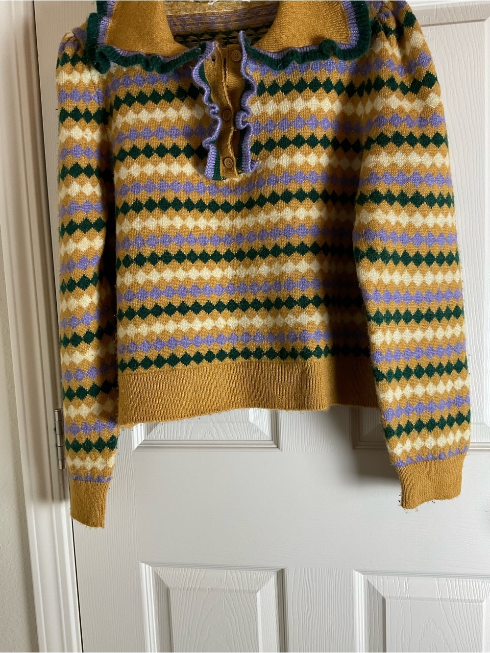 MANGO Arlequin Geometric Pattern Ruffle Detail Polo Sweater size Xl - Picture 5 of 12